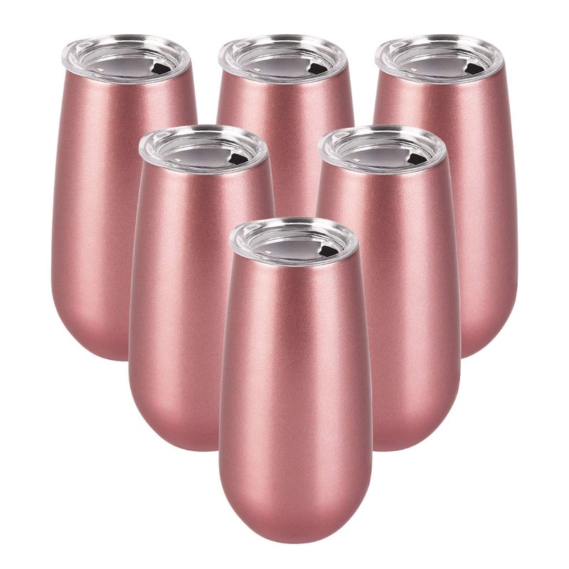 Lifecapido 6 Pack Stemless Double Insulated Champagne Flute Tumbler with Lid, 6 Oz Unbreakable Reusable Cocktail Champagne Toasting Glasses, Good Gift for Friends Family Christmas Birthday, Rose Gold - Image 1